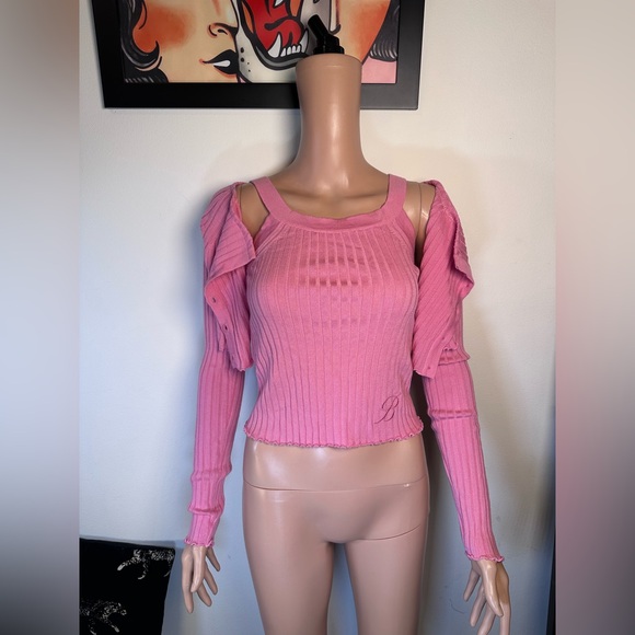 Blumarine Twin Knit Long Sleeve Sweater Tank Set in Bubblegum Pink Wool cardigan
